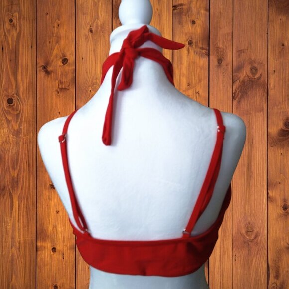 Red Halter Bikini Top Large Padded Spaghetti Strap Criss Cross Beach Colorful - Picture 3 of 3